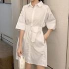 Plain Short-sleeve Belted Mini Shirtdress