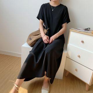 Plain Short-sleeve Midi A-line Dress With Belt