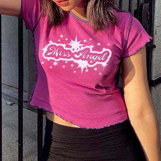 Lettering Ruffle Trim Cropped Top