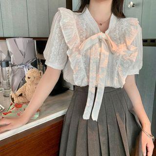 Short-sleeve Bow Eyelet Lace Blouse