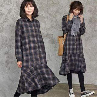 Ruffle-hem Wool Blend Long Plaid Shirtdress Brown - One Size