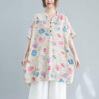Set: Short-sleeve Floral Blouse + Wide Leg Cropped Pants