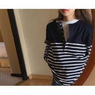 [dearest] Stripe Henley Top (navy Blue) One Size