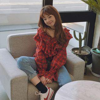 V-neck Ruffle Trim Plaid Blouse