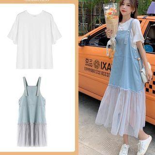 Set: Flared-cuff Blouse + Mesh Panel Denim Overall Dress