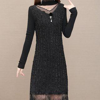 Stand-collar Lace Panel Midi A-line Dress