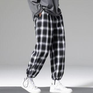 Drawstring-cuff Plaid Wide Leg Pants