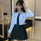 Preppy Shirt With Necktie / Set : Shirt With Necktie + Accordion Pleat Skirt