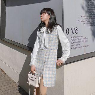 Tie-neck Long-sleeve Sheath Mini Tweed Dress