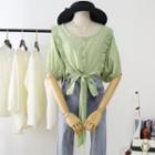 Elbow-sleeve Ruffle Tie-front Blouse