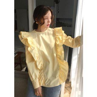 Bishop-sleeve Flounced Cotton Blouse