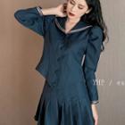 Color-block Long-sleeve Blouse / High-waist Pleated Skirt