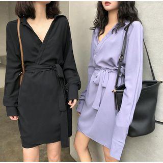 Long-sleeve Plain High-waist Wrap Dress