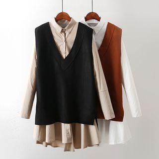 Set: Long-sleeve Mini Shirt Dress + Dip Back V-neck Vest