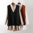 Set: Long-sleeve Mini Shirt Dress + Dip Back V-neck Vest