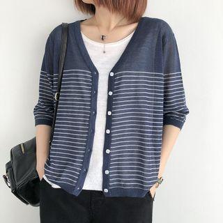 3/4-sleeve Striped V-neck Cardigan