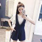 Set: Plain Short Sleeve T-shirt + Lace Trim Pinafore Playsuit