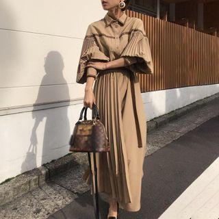 Elbow-sleeve Accordion Pleat Maxi A-line Shirtdress Coffee - One Size