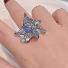 Rhinestone Floral Open Ring 1pc - Silver - One Size
