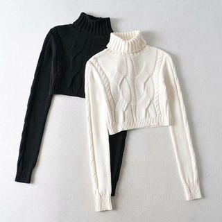 Mock-neck Cable-knit Crop Sweater
