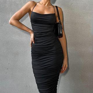 Halter Ruched Midi Sheath Dress