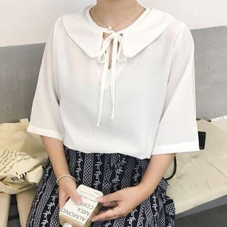 Tie Neck 3/4 Sleeve Plain Blouse