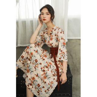 Elbow-sleeve Floral Print A-line Midi Wrap Dress