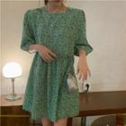 Elbow-sleeve Floral Print Mini A-line Dress Green - One Size