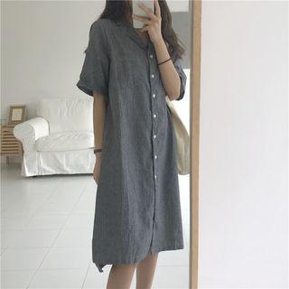 Elbow-sleeve Striped Shirt Dress As Shown In Figure - One Size
