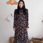 Long-sleeve Floral Print Midi Chiffon Wrap Dress Floral - One Size