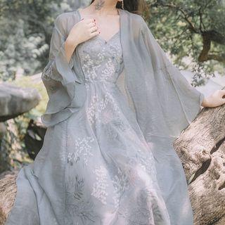 Spaghetti Strap Floral Embroidered Midi Mesh Dress / Open Front Jacket / Set
