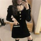 Faux-pearl Buttoned Velvet Long-sleeve Slim-fit Dress