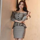 Off-shoulder Plaid 3/4-sleeve Peplum Dress