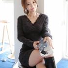 Lace Trim Long-sleeve Mini Knit Sheath Dress