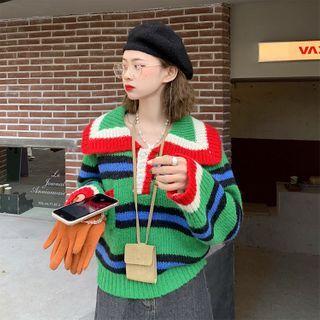 Collared Color Block Striped Sweater Green - One Size
