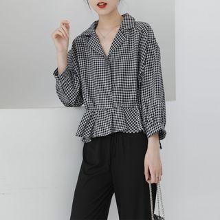 3/4-sleeve Checked Drawcord-waist Blouse
