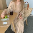 Lantern-sleeve Plain Loose Fit Dress Beige - One Size