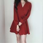 Long-sleeve Wrap Tie-front Mini A-line Dress