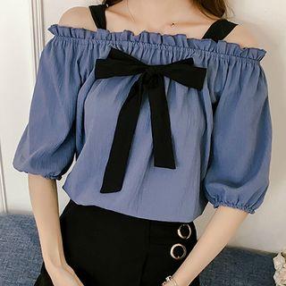 Off-shoulder Bow Accent Elbow-sleeve Top