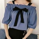 Off-shoulder Bow Accent Elbow-sleeve Top