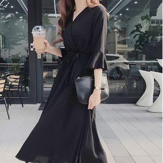 Tie-neck Bell-sleeve Midi A-line Dress