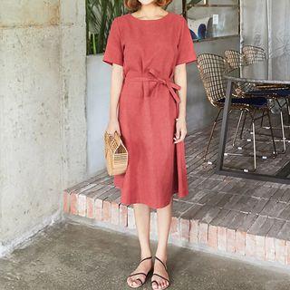 Back-button Linen Blend Midi Dress