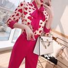 Set: Heart Print Elbow-sleeve Shirt + Cropped Dress Pants