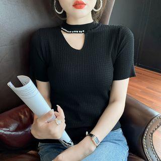 Short-sleeve Cutout Beaded Knit Top