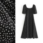 Dotted Puff-sleeve Square-neck Midi A-line Dress