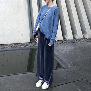 Long-sleeve Plain Knit Top / High-waist Velvet Pants