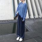Long-sleeve Plain Knit Top / High-waist Velvet Pants