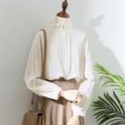 Long-sleeve Ruffled-trim Stand-collar Plain Shirt