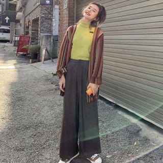 Striped Open Front Cardigan / Wide-leg Pants / Mock-neck Long-sleeve Knit Top