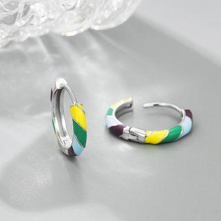 Sterling Silver Color Block Mini Hoop Earring 1 Pair - Blue & Yellow & Silver - One Size